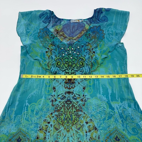 Unity World Wear Women’s Blue Green Studded Patterned Top Medium Flutter Sleeve - Picture 12 of 15